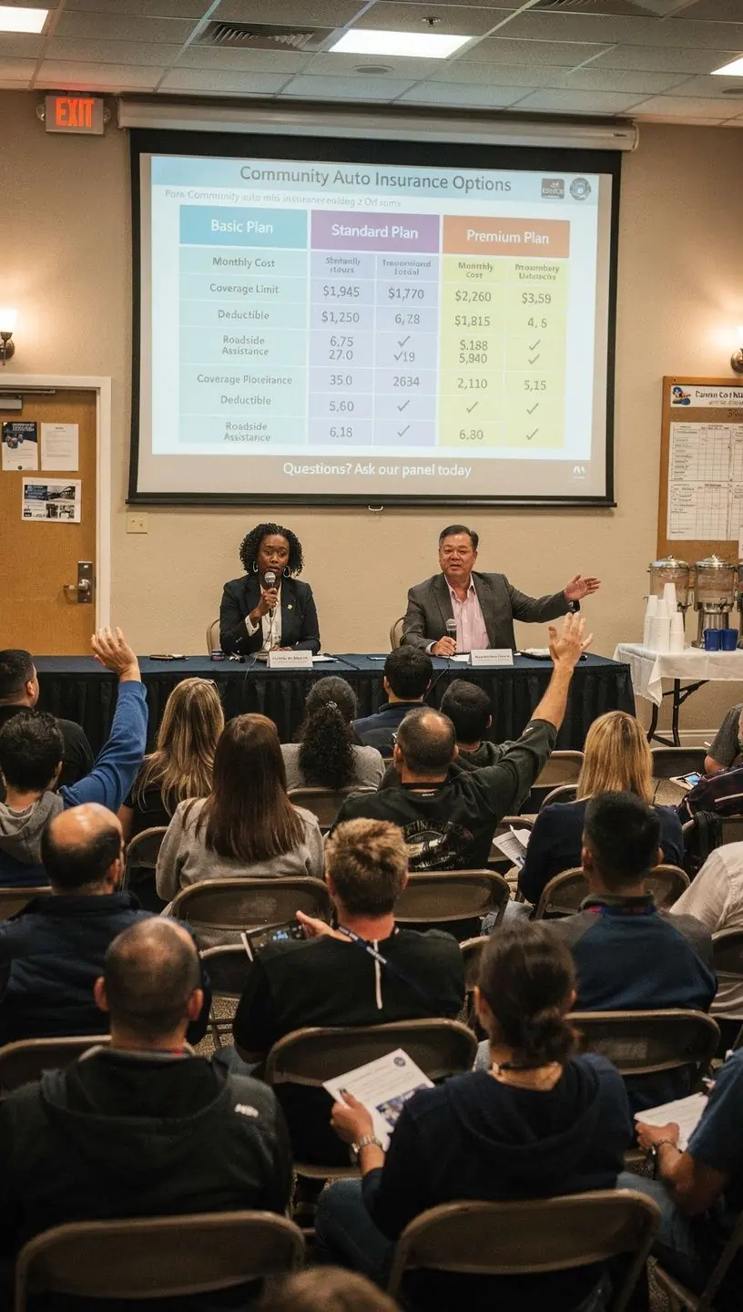 Grupa kierowców omawiająca różne opcje ubezpieczeniowe w przyjaznej atmosferze.