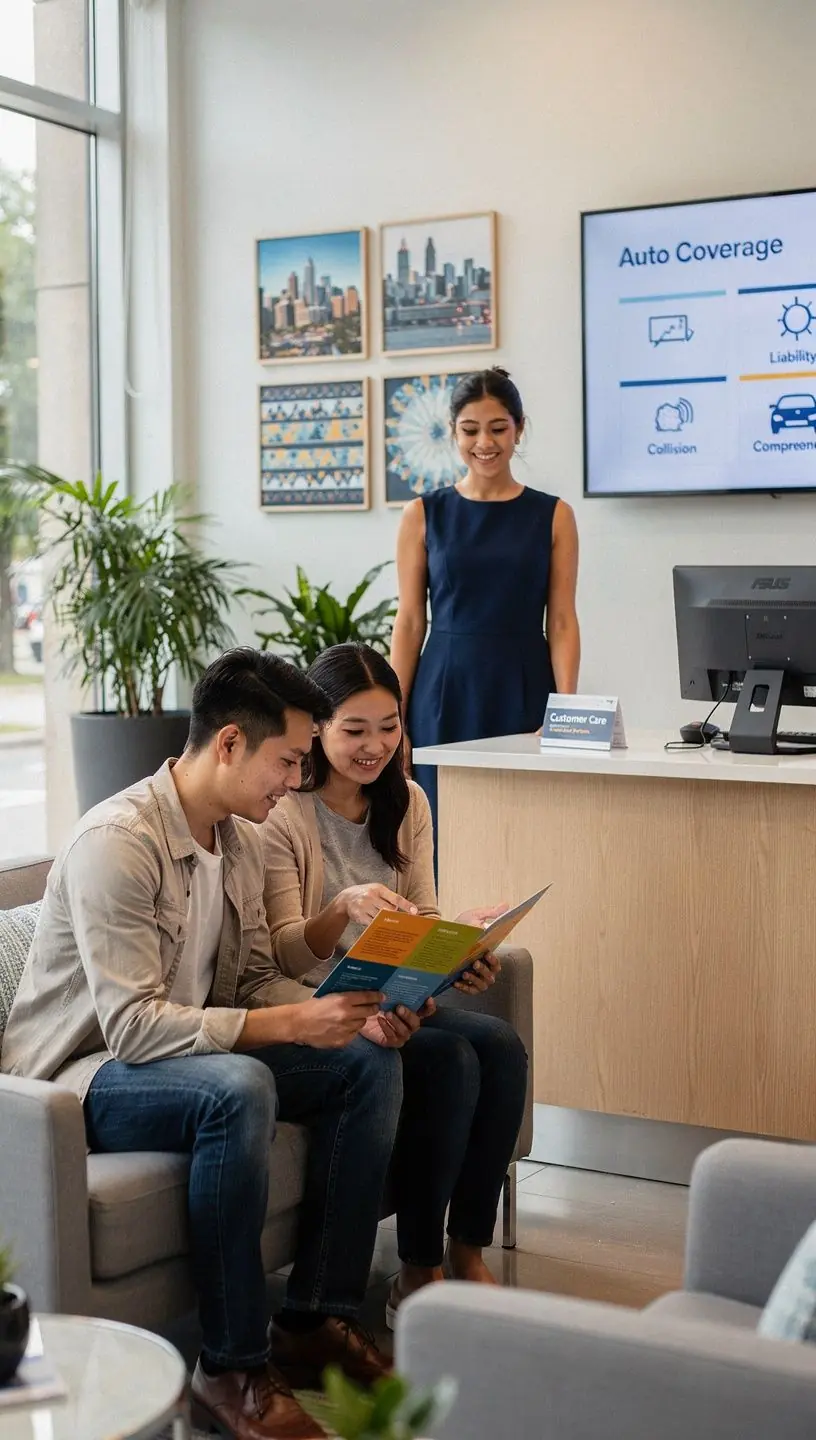 Zdjęcie grupy ludzi dyskutujących o ubezpieczeniach samochodowych w centrum wsparcia.